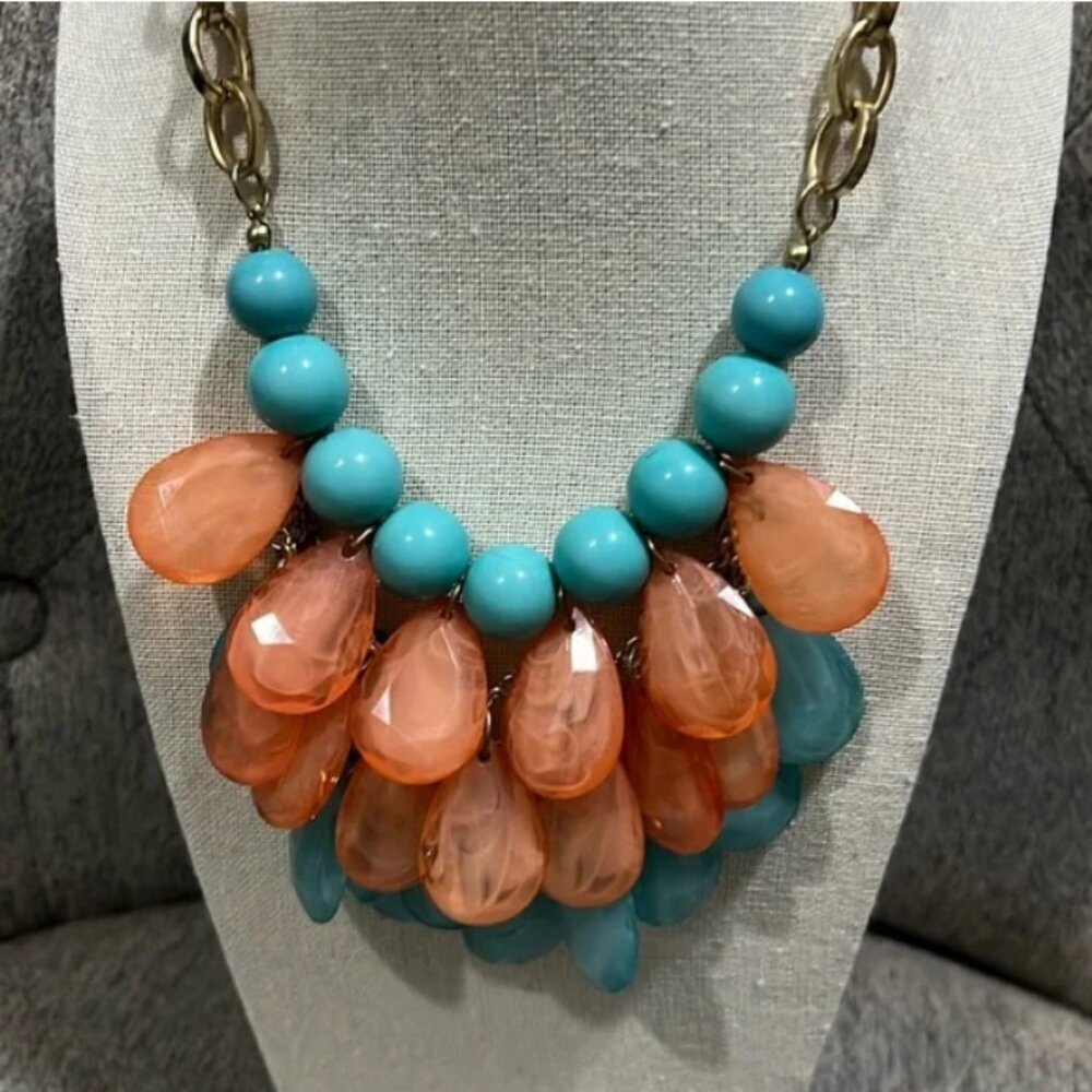 Elegant Bib Style Stone & Teardrop Glass Beaded Bronze Necklace - Picture 2 of 5